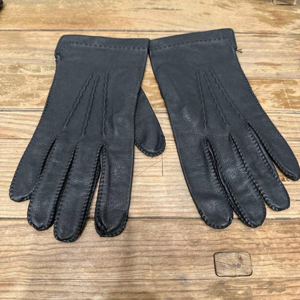 Vintage Ladies Superb Black Leather Dress Gloves Size 10 Soft Hand Cut Classic